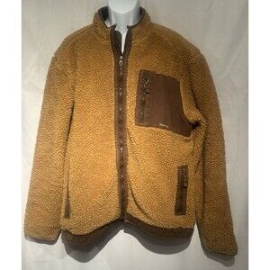 KAVU Warmest Fleece Deep Pile Sherpa Tan / Brown Accent Full Zip Jacket Men's XL